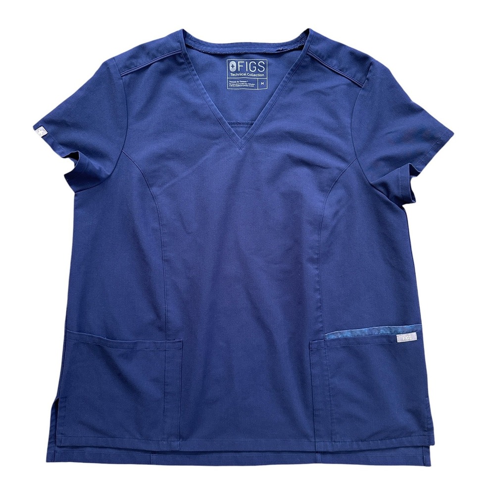 Figs Technical Collection Scrub Top Women Medium Navy Blue V-Neck 3-Pocket